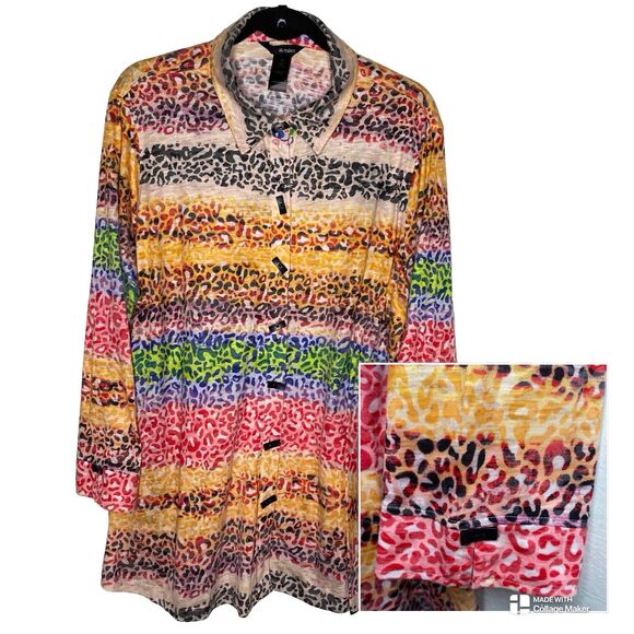 Ali Miles Tunic Blouse Womens 1X Multicolor Cheetah Stripe Button Long Sleeves - Picture 1 of 14